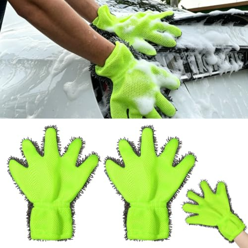BAISHUWU 2 Piezas Guantes de Lavado de Coche, Guantes de Lavado de Coche con 5 Dedos y Chenilla de Microfibra, Manopla Doble Car Washs para Coches, Camiones, Motocicletas y Cubiertas de Barcos