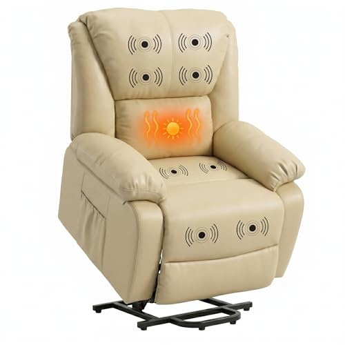 ECODE® Poltrona Relax Alzapersona Massaggiante, Elettrica Reclinabile e Riscaldante con Poggiapiedi – Offerta Poltrona Letto Per Anziani Ideale per Casa, Soggiorno o Salotto – In Eco Pelle (Beige)