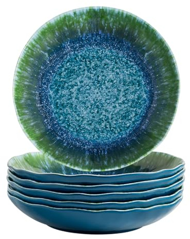 Melamine Pasta Bowls Large Salad Bowls Set 9 inch Sets of 6 pcs Soup Bowls Wide Shallow Flat Turquoise Teal Round Dinnerware Tableware Dishwasher Safe Not Microware Not Oven