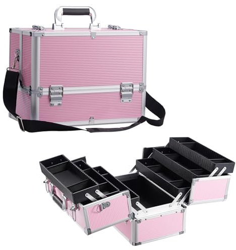Kosmetikkoffer Schminkkoffer, Kosmetik Make up Organizer Koffer Make-up Aufbewahrung Friseurkoffer Multikoffer Etagenkoffer Make up Koffer Alu Beautycase,Rosa