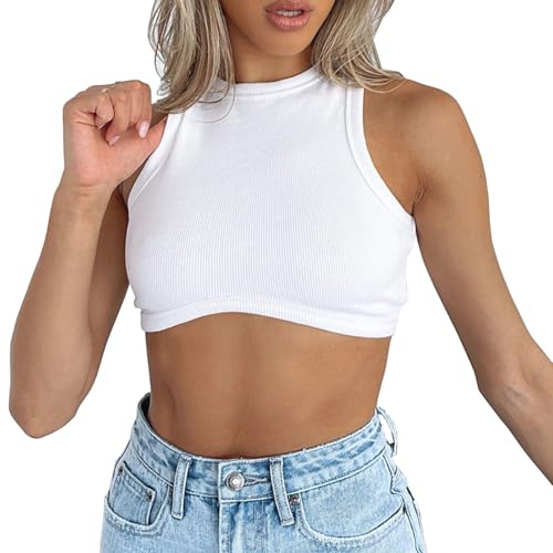 Dwnval Sexy Crop Tops Sleeveless Crewneck Ribbed Knitted Tank Top for Women(White,S)