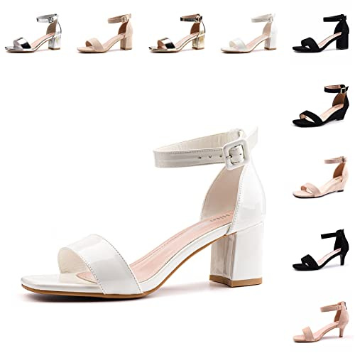 Hitmars Sandalen Damen mit Absatz Sommer Sandaletten Schnalle Einstellbar Kunstleder Offener Zeh Elegant Pumps Fesselriemen Leicht Blockabsatz 6cm 1-Weiß EU41
