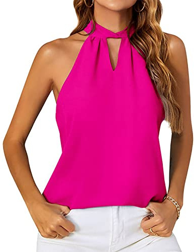 lyrlody Top sin Mangas de Gasa con Cuello Halter, Camisa de Manga Corta con Cuello Redondo, Blusa con Cuello Redondo, Camiseta de Verano, Top de Manga Corta con Encaje Raglán(XL-Rosa roja)