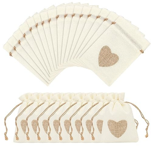 RISVOWO Bolsitas Saco de Yute, 24PCS Bolsas de Arpillera con Corazones, Bolsa de Arpillera con CordóN, Bolsas de Regalo de Tela para Boda, DíA de Pascua, Suministros De Fiesta (14x10cm)