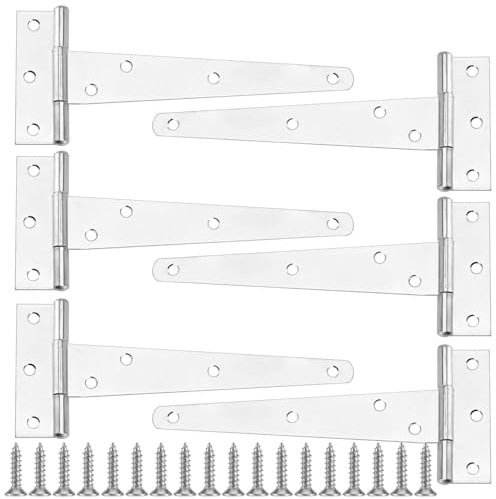 PUCSIQ Charniere porte lourde, Lot de 6 charnières de porte en T, 150 mm, 150 mm, charnières galvanisées, triangulaires, avec 42 vis, pour portes de jardin, portes de hangar, porte d'armoire - Argenté