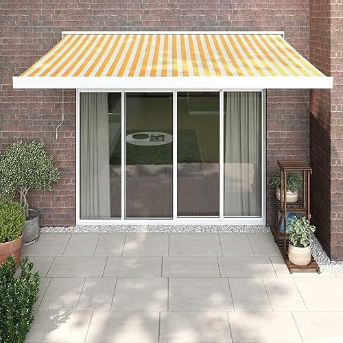 Homgoday Articulated Arm Awning, Balcony Awning, Sun Awning, Retractable Awning, Patio Awning, Wall Mounting, Sun Protection Awning for Patio, Balcony, Yellow and White, 3 x 2.5 m, Fabric and