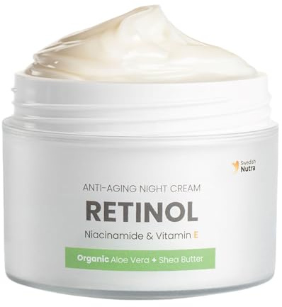 Crema noche antiedad retinol Swedish Nutra (50 ml) Enriquecida colágeno vegano vitamina E niacinamida aloe vera orgánico manteca karité Hidratante facial calmante pisana e hidratada