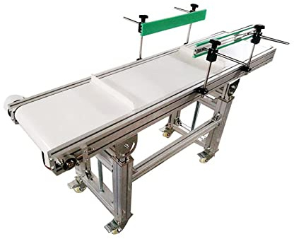 BREVELTION 59inch PVC Belt Conveyor Industrial Transport Equipment Height Adjustable with Double Guardrails and Baffle 110V 120W White