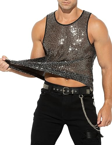 Casey Kevin Uomo Canotta Paillettes Sexy Glitter Canottiera da Uomo Rete Magliette Argenteo Tank Camicia da Ballo Danza Jazz per Discoteca Club Party Festa