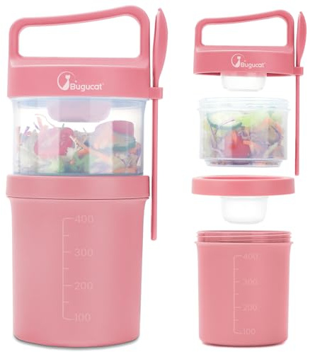 Bugucat Vaso de Yogur y Cereales To Go 560ML+360ML, Doble Capa con Cuchara, Tupper Antifugas para Desayuno, Recipiente para Muesli, Almuerzo, Ideal para Niños y Adultos