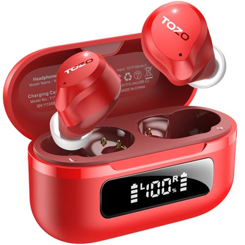 TOZO Hybrid Active Noise Cancelling Earbuds, 45dB ANC Wireless Earbuds, 6-Mic ENC for Clear Calls, Deep Bass, 59H Playtime, IPX8 Waterproof, Bluetooth 5.3 Ear Buds with App for Custom EQ (Red)