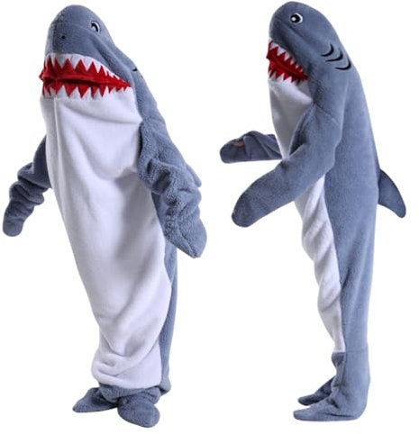 DAJASD Shark Blanket, Cozy Flannel Shark Blanket Onesie for Adults & Kids, Wearable Hoodie, Shark Sleeping Bag with Hood, Cosplay Shark Costume Gift for Friends Family Shark Lovers