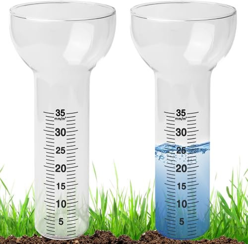 Lot de 2 pluviomètres : pluviomètre en verre de 35 mm avec échelle transparente, pluviomètre en forme d'entonnoir, pluviomètre d'extérieur résistant au gel pour jardin, terrasse, pelouse, paysage et a