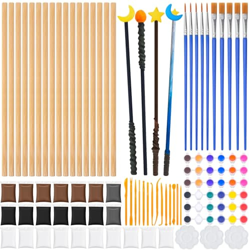 32 pezzi Bacchette Magiche Fai Da Te in Legno, Bacchetta Magic Magiche a Craft Set Bambini con 12 colori Acrilici, 14 Strumenti di Formatura per l'artigianato Set Creativi Craf