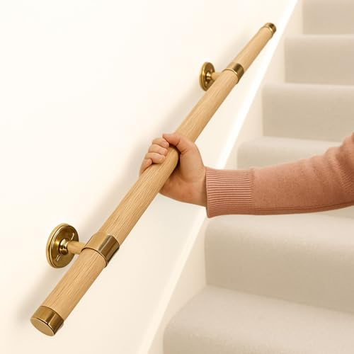 European Wooden Oak Stair Handrail 32mm Solid Wood Wall-Mounted Rail for Indoor Stairs Smooth Chrome Gold Brackets Anti-Corrosion Safety Support Hand Rail (Gold Bracket, 80cm Length)