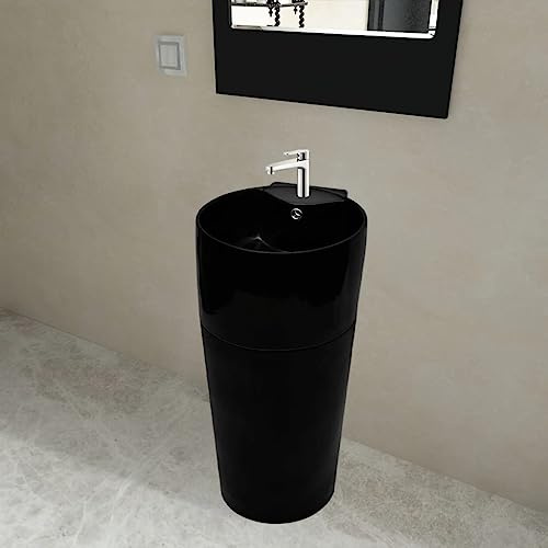 Lavabo de Pie Cerámico Negro con Pedestal, Diseño Moderno con Rebosadero, Orificio para Grifo 3.5 cm, Ideal para Baño y Aseo, Fácil Limpieza, 400x415x860 mm