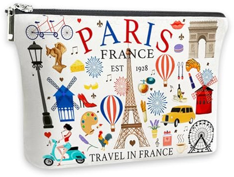 Trousse de toilette de voyage Paris - Petite trousse de maquillage avec doublure - En lin - Cadeau Paris - Petite trousse de maquillage avec impression recto-verso - Cadeau pour voyageurs, amis