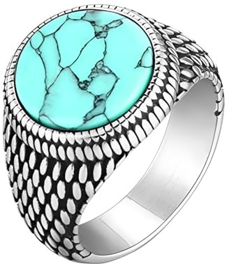 IMINI Vintage Stone Signet Ring for Men Women, Antique Silver Stainless Steel Statement - Thumb Knuckle Band, Comfort Fit Retro Biker Jewellery, Black Agate Tiger Eye Turquoise Gift
