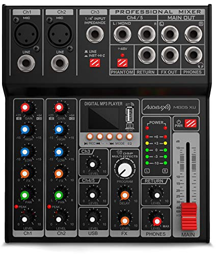 Audibax MG05 XU - Mesa de Mezclas de Sonido - Mezclador de Audio de 5 Canales - Interfaz USB - Potenciómetro para Regular el Volumen - DSP Multiefectos - Alimentación de 48 V Phantom Power