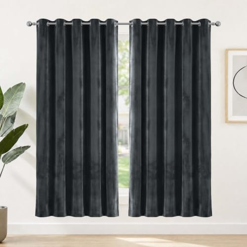 Yorkshire Bedding Blackout Curtains for Bedroom 66x72 Charcoal Curtains Room Darkening Super Soft Energy Saving Ring Top Velvet Curtain 2 Panels with Tiebacks