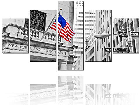 5 Pcs Canvas Wall Art Wall Street Sign Picture New York Stock Exchange Painting Contemporary Artwork American Flags Home Decor for Living Room Wooden Framed Gallery-wrapped Ready to Hang(60''Wx32''H)
