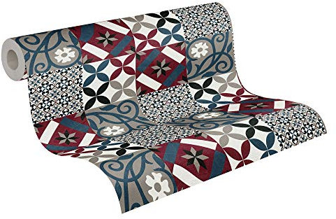 A.S. Création Papier Peint Carrelage New Life Papier peint intissé 10.05 m x 0.53 m Noir Rouge Bleu Fabriqué en Allemagne 376844 37684-4