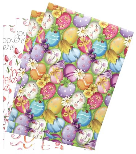 ARKRAFT Geschenkpapier 4 Blätter 90 x 65 cm FSC papier Plastikfreie Verpackung Ostern Osterzeichnungen (Ostern)