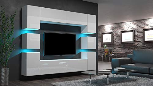 Furnitech Floks N35 - Mobile moderno per soggiorno, con illuminazione a LED blu, AN34-HG18-W2 1A senza piedini)