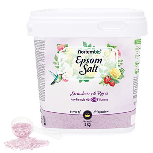 Nortembio Sali di Epsom 100% Fragranza Fragola e Rose 3 kg – Fonte Naturale di Magnesio | Con Vitamina C ed E Idratante | Per Bagni Rilassanti, Spa e Cura della Pelle + E-Book Gratuito