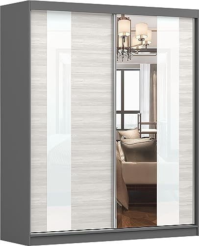 Fabryka Mebli Idźczak Kleiderschrank mit Spiegel - Schwebetürenschrank - Schlafzimmerschrank - 61 x 183 x 218 cm - Schrank für Schlafzimmer, Ankleidezimmer, Garderobe, Wohnzimmer - Grau/Kathult