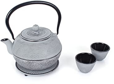 ECHTWERK Service à thé en fonte, théière 1,1 L avec passoire amovible, théière avec soucoupe, set de théières au design vintage pour la préparation de thé en vrac, gris