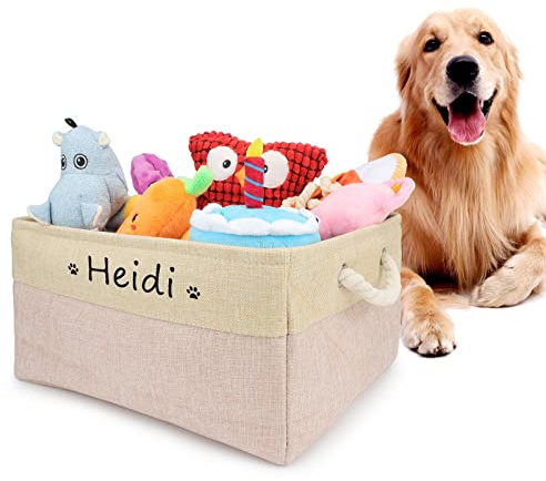 Cesta de almacenaje personalizada con nombre y dibujo, cesta plegable para juguetes de perro con asa de algodón, caja de almacenaje para organizar comida, ropa y accesorios para perros(Rosa)