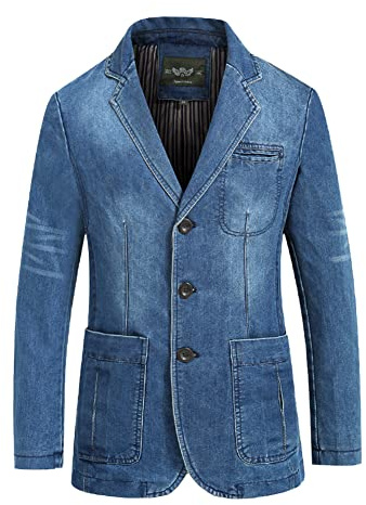Chaqueta de Mezclilla Ajustada para Hombre Casual Blazer Vaquera Chaquetas de Traje de Algodón Vintage Slim Fit Chaqueta de Negocios de Mezclilla con 3 Botones y Múltiples Bolsillos Azul claro 3XL