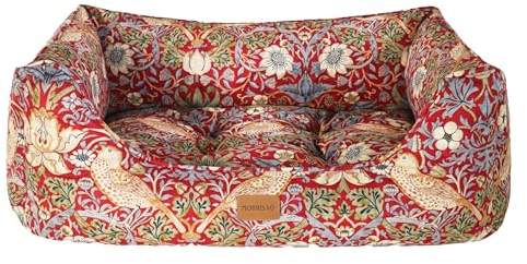 Rosewood x Morris & Co. Strawberry Thief Box Bed for Dogs, Large Dog Bed, Burgundy, Padded Sides, Non-Slip Base, Washable, Luxury William Morris Print