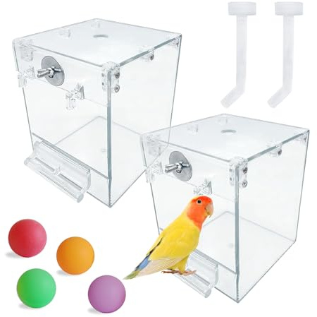 PINVNBY Bird Bath Box for Cage,Transparent Parakeet No-Leakage Bathtub Hanging Cube Tube Shower Box Cages Accessory with Water Injector and Balls Toys for Pet Birds Canary Parakeet Cockatoos (8 Pcs)