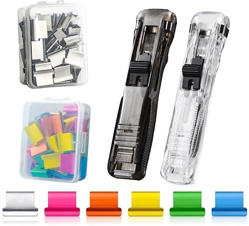 MisFun 2 Stück Clam Clip Dispenser, Verschluss Clips Hefter Clip Dispenser mit 100 Stück Clam Clip, Klammernspender Tragbarer Fast Clam Clip Spender Geeignet für Büro Home Schulbedarf Push Hefter