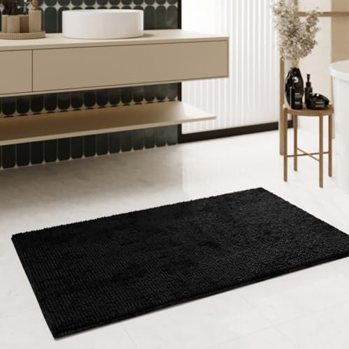 Moderner Chenille Badteppich von WECONhome Basics - rutschfest, Waschbar, Saugfähig - Stilvoll für jedes Badezimmer – Balu (60 x 100 cm, schwarz)