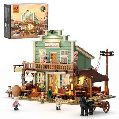 FUNWHOLE Western General Store Beleuchtetes Bauklötze-Set – 1895 Teile Die Alt-West-Stadt-Kollektion Display-Set für Erwachsene und Western-Liebhaber