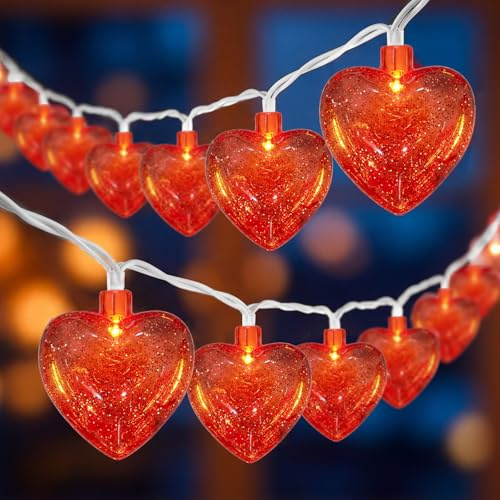 Romasaty 8.5 Ft Heart String Lights, Valentines Day Decorations Lights with 10 LED Glitter Red Heart Lights, Plug in Fairy Heart Shape String Lights for Wedding Anniversary Party Valentine's Day