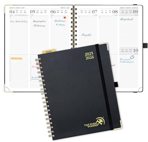 POPRUN Agenda 2025 2026 Semainier 25,5 x 21,5cm D'Août 2025 à Déc 2026, Planner Vertical Scolaire 17 Mois Couverture Rigide Spirale, Avec règle signet, Papier 80g/m², Noir