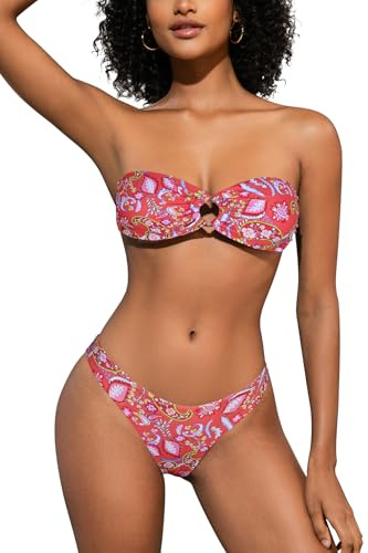 SHEKINI Maillot de bain 2 pièces pour femme avec bandeau sans bretelles et bas sexy à coupe haute pour la plage, rouge floral, S