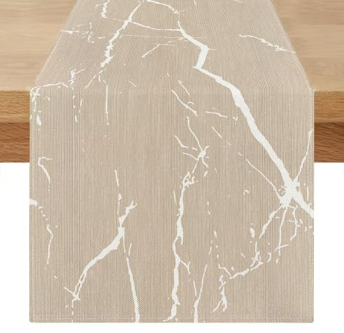 Tischläufer Modern 40x180 Beige Creme Gold Marmor Läufer Tisch Leinen Goldene Textur Rustikale Retro Tischläufer Saisonnal Küche Tisch Dekoration für Esszimmer Drinnen Urlaub Party Dekor