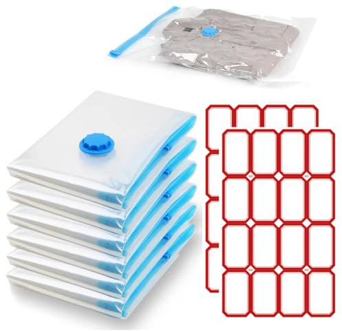 KEQAR Sacchi Sottovuoto Riutilizzabili, 6 pezzi, Sacchetti Sottovuoto con Pompa a Mano, Sottovuoto Vestiti da Viaggio, Etichette Adesive Piccole (30 x 40 cm)