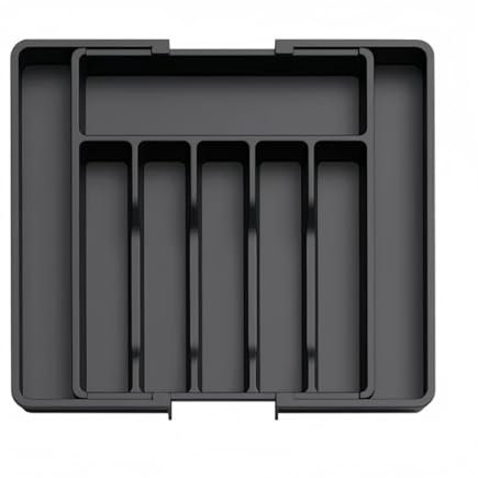 Daryunk Cutlery Drawer Organiser, Adjustable Cutlery Drawer Storage Box, Expandable Utensil Tray for the Kitchen, Anti Slip Design, Flexible Size, Black