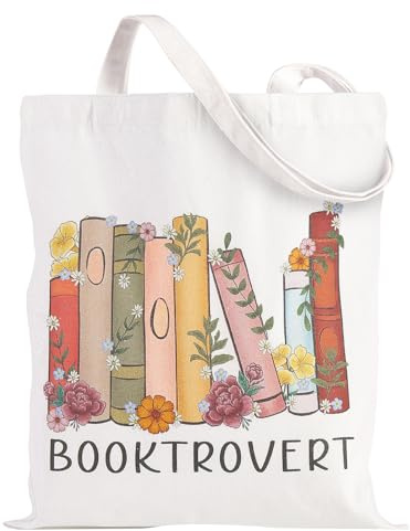 Loveinside Booktrovert Canvas Tote Bag, Floral Book Stack Cotton Shoulder Bag for Women Girls, Reusable Literary Gift Tote for Students, Teachers, Shopping, Grocery, Work, 35x40cm, 1 Pcs