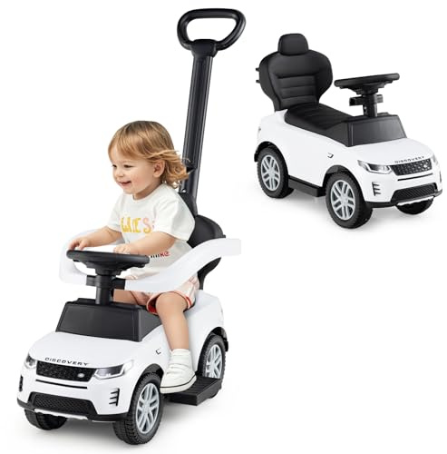 GOPLUS 3 en 1 Porteur Bebe Range Rover Discovery, Pousse Pousse avec Poignée Auvent Réglable, Garde-Corps, Klaxon, Bruit de Moteur, Rangement, Poussette Jouet pour Enfant 1,5-3 Ans,Charge 25KG (Blanc)