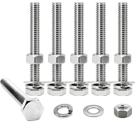 5/16-18 x 3 Hex Bolts Set, 6 Sets 5/16-18 Thread 3 Inches Long, Hexagon Bolt Nuts, Flat & Lock Washers, Stainless Steel 304 Right Hand Fully Thread Heavy Duty Hex Bolts Assortment Kit