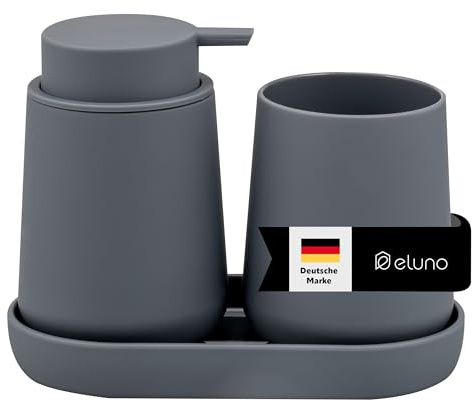 eluno TESERO - Set di accessori da bagno con superficie soft touch, 3 pezzi, composto da 1 dispenser di sapone, 1 tazza e 1 ciotola, ideale per bagno e cucina in plastica (grigio)