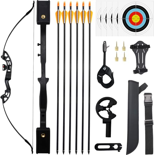 Clianle Ensemble Arc et flèches pour Adultes, Arc Classique démontable pour gauchers et droitiers, arcs Longs et flèches pour débutants et Jeunes, avec déclencheur d'arc et protège-bras-30LB
