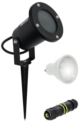 Masterled [Garantía europea Foco Proyector Exterior IP65 LED para Jardín, camino, terraza, bombilla GU10 fría incluida, conector de seguridad IP68, impermeable, A++ (1)